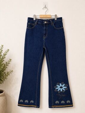 Vintage Northern Getaway Embroidered Flare Jeans | Y2K 90s Boho Dark Wash Denim